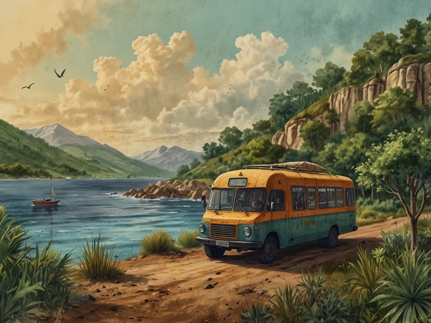 Auf dem Bild ist ein farbenfroher Bus an einem malerischen Ort zu sehen, der von Natur umgeben ist. Er steht an einem ruhigen Gewässer, neben dem sich sanfte Hügel und Berge erstrecken. Der Himmel ist mit Wolken und Vögeln geschmückt, während ein kleines Segelboot auf dem Wasser fährt.Dieses Bild spiegelt das Konzept des Ökotourismus wider: Es zeigt, wie Natur und Reisen miteinander verbunden werden können, und betont die Bedeutung, nachhaltige Praktiken zu fördern. Ökotourismus ist mehr als nur ein Trend; er schafft Bewusstsein für den Schutz der natürlichen Umgebung und fördert verantwortungsbewusste Reiseerlebnisse, die die lokale Flora und Fauna wertschätzen.