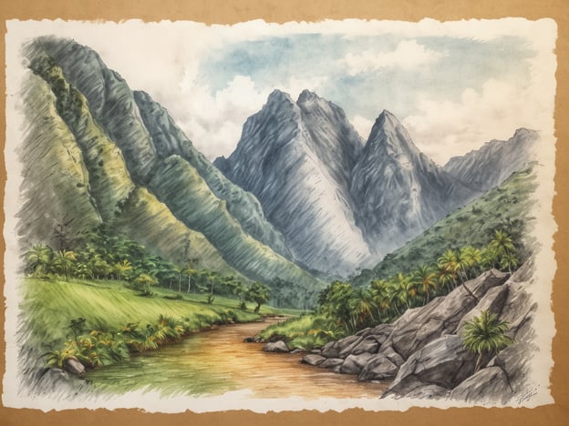 Eine malerische Ansicht der Pakaraima Mountains mit majestätischen Tafelbergen, die sich im Hintergrund erheben. Im Vordergrund fließt ein ruhiger Fluss, umgeben von einer üppigen, grünen Landschaft mit Palmen und verschiedenen Pflanzenarten. Die sanften Hügel und die schroffen Berggipfel kontrastieren mit dem klaren blauen Himmel, der teilweise von Wolken durchzogen ist. Die Darstellung vermittelt die natürliche Schönheit und Ruhe der Region in Guyana.