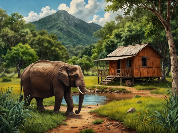 Auf dem Bild ist ein Elefant zu sehen, der in einer natürlichen Umgebung umherwandert. Im Hintergrund ist ein einfaches Holzhaus und eine Landschaft mit Bäumen und einem Berg zu erkennen. Diese Szenerie könnte symbolisch für das Chagres Nationalpark in Panama stehen, ein Gebiet, das für seinen Artenreichtum und seine natürliche Schönheit bekannt ist.Nachhaltigkeit und Naturschutz sind in diesem Kontext von großer Bedeutung. Der Chagres Nationalpark spielt eine wichtige Rolle für den Erhalt der Biodiversität und den Schutz der Wasserressourcen, die er für die umliegenden Regionen bereitstellt. Initiativen zum Schutz der natürlichen Lebensräume sowie zur Erhaltung der Tierarten, wie beispielsweise des Elefanten, sind entscheidend für die ökologische Balance und die langfristige Erhaltung dieses wertvollen Ökosystems.