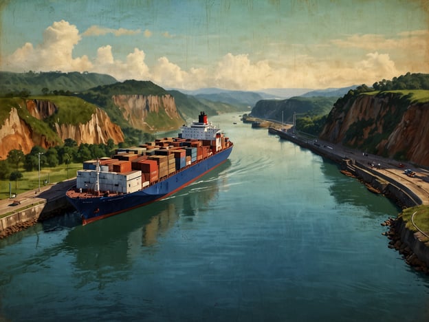 Auf dem Bild ist ein großes Containerschiff zu sehen, das durch eine schmale Wasserstraße fährt, umgeben von üppiger, grüner Landschaft und steilen Klippen. Diese Szene könnte den Panamakanal symbolisieren, der eine Schlüsselrolle im globalen Handel spielt.Der Panamakanal verbindet den Atlantischen mit dem Pazifischen Ozean und ermöglicht es Schiffen, eine lange Umfahrt um das südamerikanische Festland zu vermeiden. Dies reduziert nicht nur die Reisezeit, sondern auch die Transportkosten, was ihn zu einer der bedeutendsten Wasserstraßen der Welt macht. Der Kanal hat auch zur wirtschaftlichen Entwicklung Panamas beigetragen und beeinflusst den internationalen Handel erheblich, indem er den Zugang zu Märkten erleichtert.
