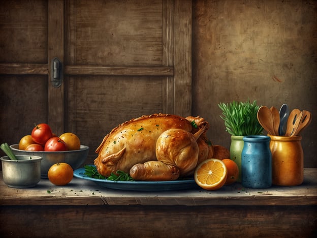 Auf dem Bild sind köstliche kulinarische Genüsse zu sehen, die eine einladende Atmosphäre schaffen. Ein saftiger, gerösteter Braten liegt auf einem blauen Teller, umgeben von frischen Kräutern, die mit ihrer intensiven Farbe und Aromen die Speise bereichern.Neben dem Braten gibt es eine Mischung aus saisonalem Obst, darunter leuchtend-orangefarbene Orangen und verschiedene Äpfel, die nicht nur farblich, sondern auch geschmacklich harmonieren.Ein kleiner Topf mit Stangensellerie und einige Utensilien, die in bunten Töpfen aufbewahrt werden, deuten darauf hin, dass hier frische Zutaten für eine herzhafte Mahlzeit vorbereitet werden. Diese Darstellung von Speisen und Zutaten könnte das Herz eines jeden Feinschmeckers höher schlagen lassen und spiegelt die reiche lokale Gastronomie wider, die Tradition und Genuss vereint.