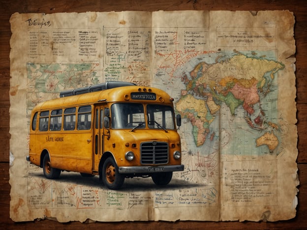 Auf dem Bild ist ein gelber Bus zu sehen, der auf einer alten Landkarte abgebildet ist. Die Karte zeigt verschiedene Teile der Welt, und es gibt Notizen und Markierungen darauf.**Tipps für deinen Besuch: Planung und Anreise:**1. **Reiseplanung:** Informiere dich im Voraus über die Orte, die du besuchen möchtest. Erstelle eine Liste von Sehenswürdigkeiten und erstelle einen groben Zeitplan.2. **Anreise:** Überlege dir die beste Anreisemöglichkeit. Nutze öffentliche Verkehrsmittel, wenn möglich, um Stress und Parkplatzprobleme zu vermeiden.3. **Unterkünfte:** Buche Unterkünfte im Voraus, insbesondere in beliebten Reisezeiten. Überlege dir die Lage in Bezug auf deine geplanten Besuche.4. **Kartenmaterial:** Stelle sicher, dass du über aktuelle Karten oder GPS-Apps verfügst, um dich während deiner Reise orientieren zu können.5. **Packliste:** Erstelle eine Packliste, die auf deine Reisedestination und Aktivitäten abgestimmt ist, um nichts Wichtiges zu vergessen.