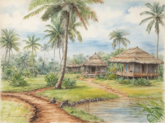 Eine idyllische Landschaft in Guyana, mit mehreren traditionellen Hütten, die aus Holz und Strohdächern bestehen, umgeben von üppigem, grünem Pflanzenwuchs und hohen Palmen. Ein schmaler Weg windet sich durch die Szene, vorbei an einer kleinen Wasserstelle. Die ruhige, naturnahe Umgebung spiegelt die Harmonie zwischen menschlicher Besiedlung und der einzigartigen Natur Guyanas wider, was die Bedeutung des Karanambu Trust für den Schutz dieser Region unterstreicht.