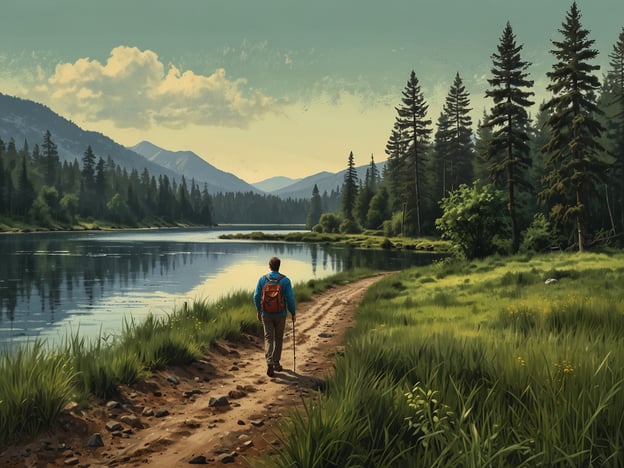 Auf dem Bild ist eine ruhige Naturlandschaft zu sehen, die ideal für Naturliebhaber ist. Ein Wanderer spaziert entlang eines malerischen Weges, der sich am Ufer eines Gewässers schlängelt. Die Umgebung ist von hohen Bäumen und sanften Hügeln geprägt, was ein perfektes Setting für Aktivitäten wie:- **Wandern**: Die schöne Landschaft lädt zu ausgedehnten Wanderungen ein.- **Vogelbeobachtung**: In solchen Gebieten gibt es oft viele verschiedene Vogelarten zu entdecken.- **Fotografie**: Die beeindruckende Natur bietet zahlreiche Motive für die Landschaftsfotografie.- **Angeln**: Der ruhige Fluss könnte ein guter Platz für Angler sein.- **Picknicken**: Man könnte sich auch mit einer Decke und Snacks an den Ufer setzen und die Natur genießen.Diese Aktivitäten ermöglichen es, die Natur in vollen Zügen zu erleben und sich zu entspannen.