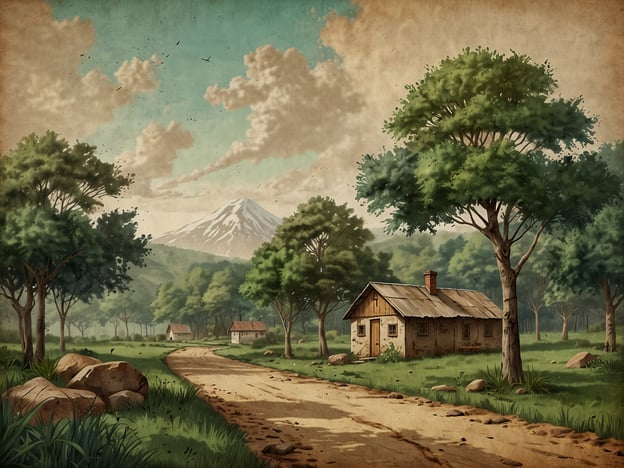 Auf dem Bild ist eine idyllische Landschaft zu sehen, geprägt von sanften Hügeln, einem schneebedeckten Berg im Hintergrund, und einer wenigen verstreuten Hütten, umgeben von Bäumen und Graslandschaften.Im Kontext von Nachhaltigkeit und Umweltschutz im Biomuseo könnte dieses Bild als Symbol für die bewusste Auseinandersetzung mit der Natur betrachtet werden. Es erinnert uns daran, wie wichtig es ist, unsere Umwelt zu schützen und nachhaltige Praktiken zu fördern. Das Biomuseo könnte durch Ausstellungen und Bildungsinitiativen auf die Bedeutung der Biodiversität und den Schutz natürlicher Lebensräume aufmerksam machen. Solche visuellen Darstellungen inspirieren dazu, unsere wertvollen natürlichen Ressourcen zu bewahren und nachhaltig mit der Natur umzugehen.