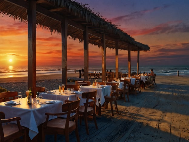 Auf dem Bild ist ein malerisches Strandrestaurant zu sehen, das mit stilvollen Tischen und Stühlen unter einem schattenspendenden Dach aus Palmenblättern eingerichtet ist. Die Tische sind elegant gedeckt und bieten einen wunderbaren Blick auf den Sonnenuntergang über dem Meer.Kulinarische Erlebnisse in solch einer Umgebung könnten frisch gefangene Meeresfrüchte sein, begleitet von erfrischenden Cocktails oder Glas Wein. Der Klang der Wellen und die sanfte Brise schaffen eine ideale Atmosphäre, um bei einem romantischen Dinner oder einem entspannten Mittagessen die Schönheit des Strandes zu genießen. Besonderheiten könnten auch lokale Spezialitäten beinhalten, die die Vielfalt der Küstenküche widerspiegeln.