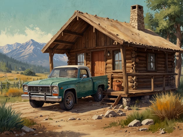 Auf dem Bild ist eine rustikale Holzhütte zu sehen, die von einer malerischen Naturkulisse umgeben ist. Die Hütte ist typisch für einfache, ländliche Unterkünfte und könnte ideal für einen entspannten Aufenthalt in der Natur sein.Die Anreise zu diesem Ort könnte mit dem Auto erfolgen, da ein grüner Pickup direkt vor der Hütte parkt. Diese Art von Unterkunft bietet eine gemütliche Atmosphäre und ermöglicht es den Gästen, die Ruhe und Schönheit der Umgebung zu genießen.