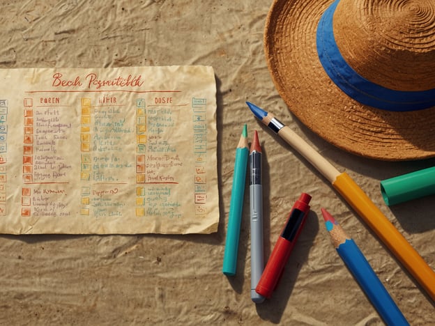 Auf dem Bild sind verschiedene Gegenstände zu sehen, die typischerweise für einen Strandbesuch vorbereitet werden. Es gibt einen Strohhut, der Sonnenschutz und Stil symbolisiert. Zudem liegt ein Blatt Papier mit handschriftlichen Notizen darauf, das anscheinend eine Liste von notwendigen Gegenständen oder Aktivitäten am Strand enthält. Daneben befinden sich verschiedene Schreibutensilien wie Buntstifte und Marker, die zum Zeichnen oder Notieren verwendet werden können.Die optimale Strandvorbereitung umfasst:1. **Sonnenschutz**: Der Strohhut bietet Schutz vor der Sonne.2. **Planung**: Die Liste auf dem Papier hilft, an alles Wichtige zu denken.3. **Unterhaltung**: Schreibutensilien sind nützlich für kreative Aktivitäten am Strand.Diese Elemente zusammen tragen zu einem entspannten und gut organisierten Strandtag bei.