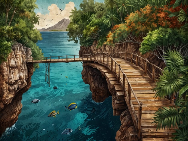 Auf dem Bild ist eine idyllische Landschaft mit einem Holzsteg zu sehen, der über klares, blaues Wasser führt. Rundherum sind üppige grüne Pflanzen und Felsen zu erkennen, während weiter hinten Berge und ein strahlend blauer Himmel sichtbar sind. Im Wasser schwimmen verschiedene Fische, was auf eine reiche Unterwasserwelt hindeutet.### Tipps für deinen Besuch im Isla Bastimentos Nationalpark:1. **Frühzeitig ankommen**: Der Park zieht viele Besucher an. Ein früher Start hilft, die Menschenmassen zu vermeiden und die Natur in Ruhe zu genießen.2. **Sonnenschutz**: Vergiss nicht, Sonnencreme, einen Hut und Sonnenbrille mitzunehmen, um dich vor der Tropensonne zu schützen.3. **Schnorchelausrüstung**: Leihe dir Schnorchelausrüstung oder bringe deine eigene mit, um die farbenfrohe Unterwasserwelt zu erkunden.4. **Wanderschuhe**: Trag bequeme Schuhe, da viele Wege unbefestigt und hügelig sind.5. **Respektiere die Natur**: Bleibe auf den markierten Wegen und hinterlasse keine Spuren, um die Flora und Fauna zu schützen.6. **Trinkwasser**: Nimm ausreichend Trinkwasser mit, um hydratisiert zu bleiben, besonders an warmen Tagen.7. **Führungen**: Überlege, an einer geführten Tour teilzunehmen, um mehr über die Tierwelt und die Geschichte des Parks zu erfahren.Genieße deinen Besuch in diesem wunderschönen Nationalpark!