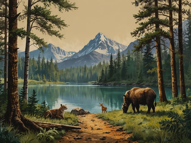 Auf dem Bild sind eine wunderschöne Landschaft mit Bergen, einem ruhigen See und verschiedenen Tieren zu sehen, darunter ein Bison und ein Reh, sowie ein Fuchs in der Nähe des Wassers.Hier sind einige Tipps für Besucher des Nationalparks:1. **Respektieren Sie die Natur:** Halten Sie einen sicheren Abstand zu den Tieren und füttern Sie sie nicht. Dies schützt sowohl die Tiere als auch Sie selbst.2. **Bleiben Sie auf den Wegen:** Um die Flora und Fauna zu schützen, sollten Sie markierte Wanderwege nutzen und nicht vom Pfad abweichen.3. **Vorbereitung ist wichtig:** Bringen Sie ausreichend Wasser, Snacks und geeignete Kleidung für wechselndes Wetter mit.4. **Frühzeitig planen:** Viele Sehenswürdigkeiten können in der Hochsaison überfüllt sein, planen Sie deshalb Besuche früh am Morgen oder später am Tag.5. **Müllentsorgung:** Nehmen Sie Ihren Müll mit zurück oder nutzen Sie die bereitgestellten Mülleimer, um die Umgebung sauber zu halten.6. **Beachten Sie die Regeln:** Informieren Sie sich über die spezifischen Parkregeln und -richtlinien, bevor Sie ankommen.