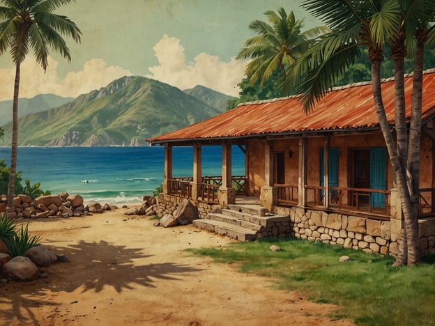 Auf dem Bild ist eine malerische Küstenlandschaft zu sehen, die an Isla Taboga erinnert. Im Vordergrund befindet sich ein traditionelles Gebäude mit einer Veranda, das aus Stein und Holz gebaut ist. Die blauen Türen und das rote Dach verleihen dem Haus einen charmanten, kolonialen Charakter. Umgeben von Palmen und einer wunderschönen Aussicht auf das Meer und die Berge im Hintergrund strahlt die Szene eine ruhige und entspannende Atmosphäre aus.Isla Taboga ist bekannt für ihre natürliche Schönheit und das kulturelle Erbe, das sich in der Architektur und den historischen Gebäuden widerspiegelt. Die Insel ist ein beliebtes Ziel für Touristen, die die reizvolle Landschaft und die einheimische Kultur erleben möchten.