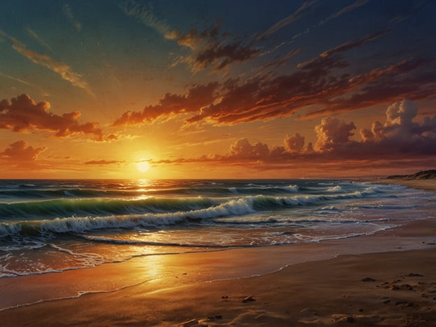 Auf dem Bild sieht man einen beeindruckenden Sonnenuntergang über dem Meer, mit sanften Wellen, die an den Strand schwappen. Der Himmel ist in warmen Farbtönen gefärbt, während die Wellen in einer schönen Grüntönung schimmern. Dies vermittelt eine friedliche Atmosphäre, perfekt für Surfer.Die Surfbedingungen in Playa Venao könnten ideal sein, da die Wellen groß und kraftvoll sind, was für Anfänger und Fortgeschrittene gleichermaßen vorteilhaft ist. Die frühe Abendstimmung macht es zudem zu einem perfekten Ort, um den Tag ausklingen zu lassen, während man dem Rauschen der Wellen lauscht.