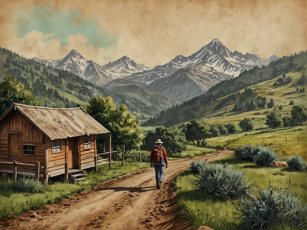 Auf dem Bild ist eine malerische Landschaft mit einem Wanderweg zu sehen, der durch grüne Felder führt, umgeben von Bergen im Hintergrund. Eine kleine Holzhütte steht am Wegesrand. Eine Person mit einem Rucksack geht genüsslich auf dem Weg.Die Szene lädt zu Aktivitäten wie Wandern, Naturerkundungen oder Picknicken in der malerischen Landschaft ein. Man könnte auch die Aussicht genießen, Vögel beobachten oder die Pflanzenwelt erkunden.