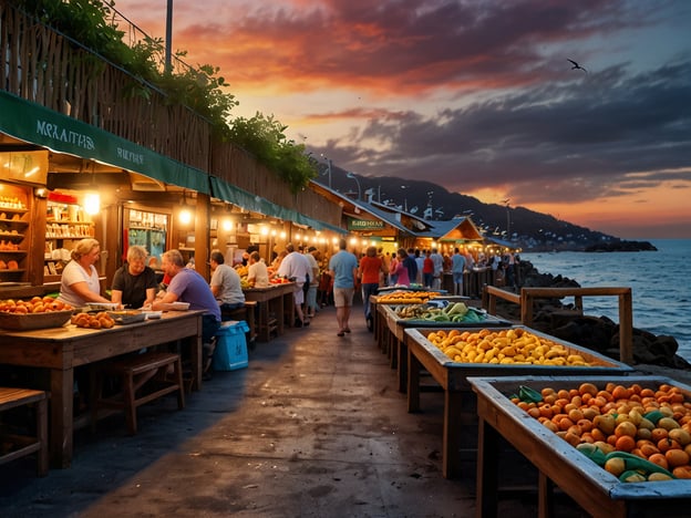 Auf dem Bild ist ein lebhafter Markt zu sehen, der sich entlang der Küste von Playa Venao erstreckt. In den Holzständen sind frische Früchte und regionales Gemüse liebevoll ausgestellt. Die Atmosphäre ist einladend, mit Menschen, die sich an den Tischen versammeln, um zu plaudern und lokale Köstlichkeiten zu genießen. Die warmen Farben des Sonnenuntergangs, die den Himmel erleuchten, schaffen eine malerische Kulisse für das geschäftige Treiben.Dieser Markt spiegelt die kulinarische Vielfalt der Region wider und lädt dazu ein, die frischen Produkte der Umgebung zu probieren. Das Leben rund um Playa Venao ist geprägt von einer starken Verbindung zur Natur und den lokalen Erzeugnissen, die die Kultur und Essgewohnheiten der Menschen dort prägen.