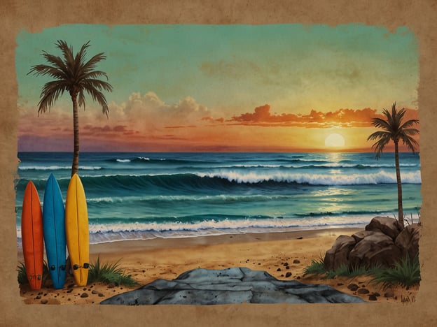 Auf dem Bild ist eine idyllische Strandlandschaft mit Wellen, Palmen und einem wunderschönen Sonnenuntergang zu sehen. Für einen unvergesslichen Surfurlaub hier einige Reisetipps:1. **Wellen-Spot-Recherche**: Informiere dich vorher über die besten Surfspots der Region. Websites und Apps bieten oft aktuelle Informationen zu Wellenbedingungen.2. **Surfschulen**: Wenn du Anfänger bist, buche ein paar Stunden bei einer Surfschule. Die Trainer können dir wertvolle Tipps geben und helfen, deine Technik zu verbessern.3. **Ausrüstung**: Prüfe, ob du deine eigene Ausrüstung mitnehmen möchtest oder ob es gute Verleihmöglichkeiten vor Ort gibt. Ein gutes Board kann entscheidend für deinen Surfspaß sein.4. **Übernachtung**: Wähle eine Unterkunft in der Nähe des Strandes, um lange Anfahrtszeiten zu vermeiden. Es gibt zahlreiche Hostels, Strandhäuser und Hotels, die auf Surfer spezialisiert sind.5. **Sonnenuntergänge genießen**: Plane deine Surf-Sessions so, dass du auch die atemberaubenden Sonnenuntergänge am Strand erleben kannst – perfekt zum Relaxen nach einem actionreichen Tag.6. **Lokale Kultur**: Erkunde die lokale Kultur, probiere die regionalen Gerichte und schließe Freundschaften mit anderen Surfern. Das trägt zu einem unvergesslichen Erlebnis bei.Viel Spaß und gute Wellen!