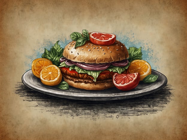 Auf dem Bild ist ein kunstvoll gestalteter Burger zu sehen, der auf einem Teller angerichtet ist. Er besteht aus einem bräunlichen Brötchen, das mit Salat, Tomaten und Zwiebeln gefüllt ist. An der Seite liegen frische Orangen- und Grapefruitstücke, die dem Gericht eine fruchtige Note verleihen.In der Umgebung könnte man kulinarische Erlebnisse wie ein gemütliches Café oder ein Restaurant finden, das bekannt für seine kreativen Burger-Variationen ist. Vielleicht gibt es auch lokale Märkte, wo frische Zutaten, wie regionale Gemüse- und Obstsorten, angeboten werden, die man für ein eigenes Burger-Erlebnis nutzen kann. Ein Besuch in einer Brauerei könnte dazu passen, um ein passendes Getränk zum Burger zu probieren.