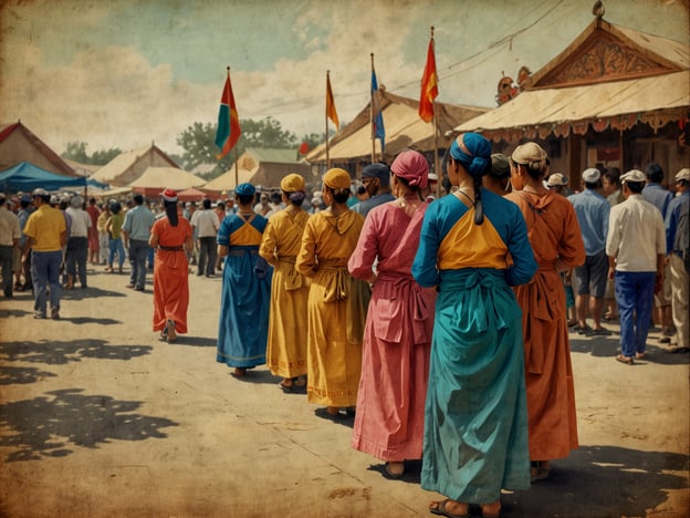 Auf dem Bild sind Menschen in festlicher Kleidung zu sehen, die sich in einer Art Parade oder Zeremonie versammeln. Diese Szenen erinnern an kulturelle Feste oder Veranstaltungen, die an der Cinta Costera in Panama häufig stattfinden.Die Cinta Costera ist bekannt für ihre lebhaften Festivals, Konzerte und Märkte, wo lokale Traditionen gefeiert werden. Solche Events bieten oft eine Plattform für das Brauchtum, die Musik und die kulinarischen Köstlichkeiten der Region. Die bunten Trachten auf dem Bild könnten auf eine traditionelle Feier hindeuten, bei der Kultur und Gemeinschaft im Mittelpunkt stehen.