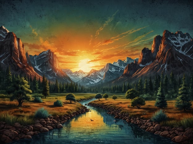 Auf dem Bild ist eine malerische Landschaft mit majestätischen Bergen, einem fließenden Fluss und einer herrlichen Abenddämmerung zu sehen. Die Farben des Sonnenuntergangs über den Bergen verleihen der Szene ein magisches Licht.Für Abenteuerlustige gibt es viele Möglichkeiten, solche Landschaften zu erleben:1. **Wanderungen**: Entdecke Wanderwege in der Nähe von Gebirgen oder Nationalparks. Das kann von leichten Wanderungen bis zu anspruchsvolleren Bergtouren reichen.2. **Kajakfahren**: Nutze die Flüsse zum Kajakfahren oder Kanufahren und genieße die Natur aus einer neuen Perspektive.3. **Wildtierbeobachtung**: Halte Ausschau nach einheimischen Tieren – viele Regionen bieten geführte Touren zur Tierbeobachtung an.4. **Camping**: Übernachte unter den Sternen, um ein intensiveres Naturerlebnis zu haben und den Sonnenaufgang über der Landschaft zu genießen.5. **Fotografie**: Nimm deine Kamera mit und halte die beeindruckenden Landschaften und ihre Farben fest. Die goldene Stunde während des Sonnenaufgangs oder Sonnenuntergangs ist besonders perfekt für Fotos.Das Erkunden solcher Naturwunder kann unvergessliche Erlebnisse bieten!