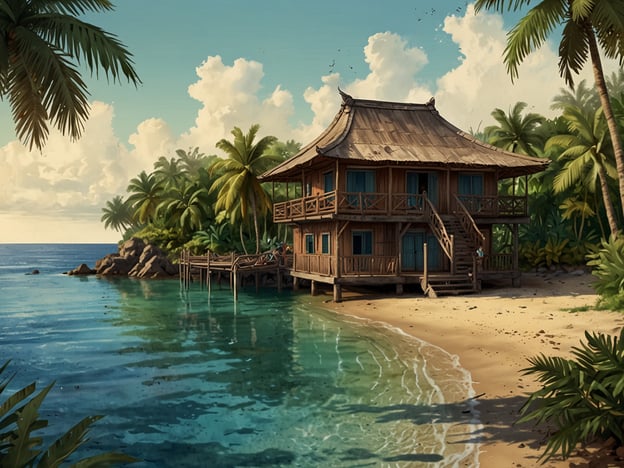 Auf dem Bild ist ein malerisches Holzhaus an einem Strand zu sehen, umgeben von Palmen und dem glitzernden Wasser des Meeres. Diese Szenerie erinnert stark an die Perlinseln, wo man verschiedene Aktivitäten genießen kann.In den Perlinseln könnte man entspannende Tage am Strand verbringen, im kristallklaren Wasser schwimmen oder Schnorcheln, um die farbenfrohe Unterwasserwelt zu erkunden. Auch das Tauchen bietet die Möglichkeit, beeindruckende Korallenriffe zu sehen. Für Abenteuerlustige gibt es die Möglichkeit, Bootsfahrten zu unternehmen oder auf den umliegenden Inseln Wandern zu gehen. Abends könnte man unter dem Sternenhimmel entspannen und lokale Köstlichkeiten genießen.