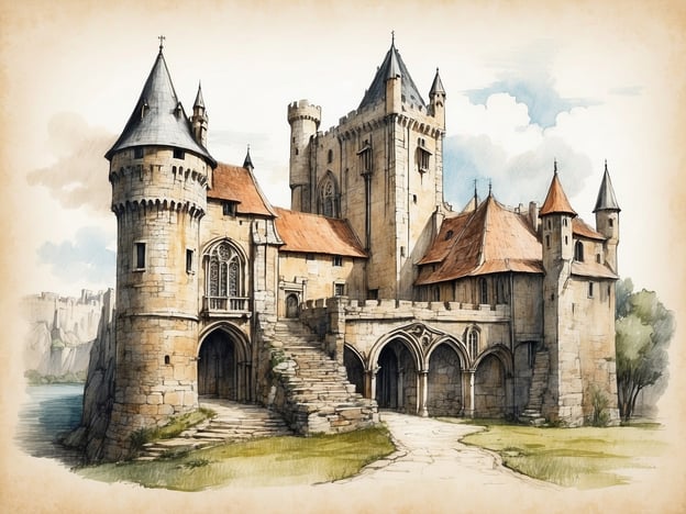 Auf dem Bild ist eine beeindruckende Burgruine zu sehen, die architektonische Elemente einer mittelalterlichen Festung zeigt. Die Ecken der Burg sind durch runde Türme markiert, die mit spitzen Dächern gekrönt sind. Es gibt bedeutende Details, wie die großen Fenster in gotischen Stil sowie die steinernen Bögen, die dem Bauwerk ein historisches Flair verleihen. Die Zugangswege sind gepflastert und führen zu einem zentralen Eingangsbereich, der von einer massiven Steinfassade umgeben ist.Die Burgruine Falkenstein, zu deren historischem Kontext solche Strukturen oft zählen, kombiniert militärische und Wohnfunktionen, was in der robusten Bauweise und den Zinnen gut zur Geltung kommt. Diese Bauweise spiegelt die damaligen Anforderungen an Verteidigungsanlagen und Wohnkomfort wider. Die gesamte Szenerie vermittelt ein Gefühl von Geschichte und Romantik, das mit der Umgebung harmoniert.