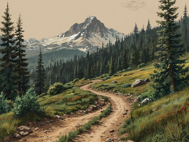Auf dem Bild ist eine malerische Landschaft mit einem kurvigen Wanderweg zu sehen, der durch eine bewaldete Umgebung führt. Im Hintergrund erhebt sich ein majestätischer Berg, dessen Gipfel von Schnee bedeckt ist. Der Weg ist von einer üppigen, grünen Wiese gesäumt, die von bunten Wildblumen und Felsen durchzogen ist.Dieser Ort bietet Wanderwege für jeden Geschmack:1. **Leichte Wanderungen** für Familien und Einsteiger, die den oberen Teil des Weges genießen möchten, ideal für entspannte Ausflüge in der Natur.2. **Mittelstufige Trails**, die etwas mehr Herausforderung bieten und schöne Aussichtspunkte entlang des Weges haben.3. **Anspruchsvolle Bergwanderungen** für erfahrene Wanderer, die die Gipfel erklimmen und atemberaubende Panoramen erleben wollen.Insgesamt lädt die Umgebung dazu ein, die Natur zu erkunden und die Ruhe der Berge zu genießen.