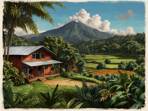 Auf dem Bild sieht man eine malerische Landschaft mit einem roten Haus im Vordergrund und einem majestätischen Berg im Hintergrund. Diese Szenerie erinnert an Cerro Punta, ein Ziel, das für seine wunderschönen Natur und landwirtschaftlichen Aktivitäten bekannt ist.In Cerro Punta können Besucher die beeindruckenden Tee- und Gemüseplantagen erkunden, frische Produkte direkt von den Bauern probieren und an geführten Wanderungen durch die üppigen Wälder teilnehmen. Zudem bietet die Gegend zahlreiche Möglichkeiten zum Vogelbeobachten, da sie die Heimat vieler seltener Arten ist. Die kühle, frische Luft und die atemberaubende Aussicht auf die umliegenden Berge machen Cerro Punta zu einem idealen Ort für Naturliebhaber und Abenteuerlustige.