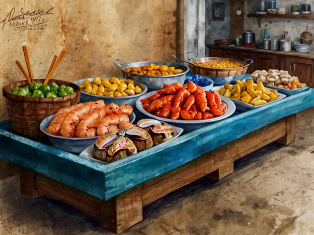 Auf dem Bild ist ein reichhaltiges Buffet mit verschiedenen Meeresfrüchten, darunter Hummer und Garnelen, sowie einer Auswahl an Beilagen und Früchten zu sehen.In Playa Blanca gibt es viele kulinarische Highlights, die den frischen Fisch und die Meeresfrüchte der Region zelebrieren. Restaurants wie „El Golfo“ und „La Chalanita“ bieten großartige Gerichte, die man unbedingt probieren sollte. Lokale Spezialitäten wie „Sancocho“ oder „Pimientos de Padrón“ sind ebenfalls hervorzuheben und die Restaurants nutzen oft frische, regionale Zutaten, um authentische kanarische Küche zu servieren.