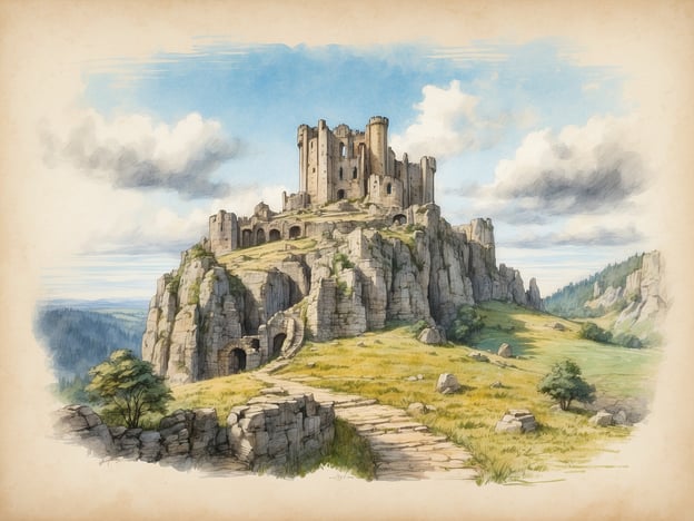 Auf dem Bild ist eine beeindruckende Burgruine zu sehen, die auf einem hohen Felsen thront, umgeben von einer malerischen Landschaft. Diese Szenerie könnte die Burgruine Neurathen darstellen, die eine bedeutende Rolle in der Geschichte der Sächsischen Schweiz spielt.Neurathen wurde im 13. Jahrhundert erbaut und diente einst als Schutzburg für die Region. Ihre strategische Lage auf einem Felsvorsprung erlaubte es, die umliegenden Täler zu überwachen. Der Bau zeichnet sich durch massive Mauern und charakteristische Türme aus, die den Anforderungen ihrer Zeit gerecht wurden. Heute ist die Ruine ein beliebtes Ziel für Wanderer und Geschichtsinteressierte, die die Überreste der mittelalterlichen Architektur und die atemberaubende Aussicht genießen möchten.Die Umgebung, die auf dem Bild dargestellt wird, spiegelt die natürliche Schönheit der Sächsischen Schweiz wider, mit ihren markanten Felsformationen und der üppigen Vegetation, die die Geschichte dieser alten Burg umrahmt.
