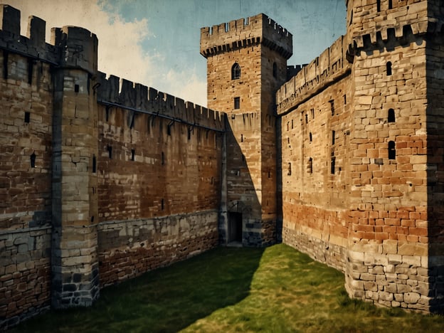 Auf dem Bild ist eine festungsartige Struktur zu sehen, die typische architektonische Merkmale einer mittelalterlichen Festung aufweist. Die massive Mauer ist aus grob behauenen Steinen gebaut, die auf Stabilität und Verteidigungszwecke hinweisen.Besonders auffällig sind die hohen Türme, die an den Ecken der Festung thronen und zur Überwachung und Verteidigung dienten. Die Zinnen, die sich entlang der oberen Mauer ziehen, bieten zusätzlichen Schutz und ermöglichen es, Angreifer abzuwehren. Darüber hinaus sind die schmalen, rechteckigen Fenster in den Mauern charakteristisch für solche Festungen, da sie während Belagerungen einen effektiven Blick auf die Umgebung bieten, ohne die Verteidiger zu exponieren.Der Innenhof, der im Bild sichtbar ist, zeigt auch eine grüne Fläche, die typischerweise für die Logistik und das tägliche Leben innerhalb der Festungsmauern genutzt wurde. Die Kombination dieser Elemente deutet auf eine gut geplante Verteidigungsarchitektur hin, die sowohl funktionale als auch repräsentative Aspekte in den Vordergrund stellt.