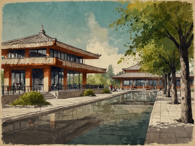 Auf dem Bild ist eine architektonisch ansprechende Landschaft zu sehen, die vermutlich in einem asiatischen Kultur- oder Parkgelände liegt. Die zwei farbenfrohen Gebäude mit typischen Dächern erinnern an traditionelle asiatische Architektur, umgeben von grünen Bäumen und einem ruhigen Wasserlauf.Besucher können hier entspannen, die Aussicht genießen und die kulturellen Aspekte der Architektur bewundern. Es könnte auch Angebote wie geführte Touren, kulturelle Veranstaltungen oder Workshops geben, wo man mehr über die Geschichte und Kunst der Region erfahren kann. Für Familien sind eventuell spezielle Programme für Kinder und Erholungsbereiche vorhanden, um den Aufenthalt angenehm zu gestalten.