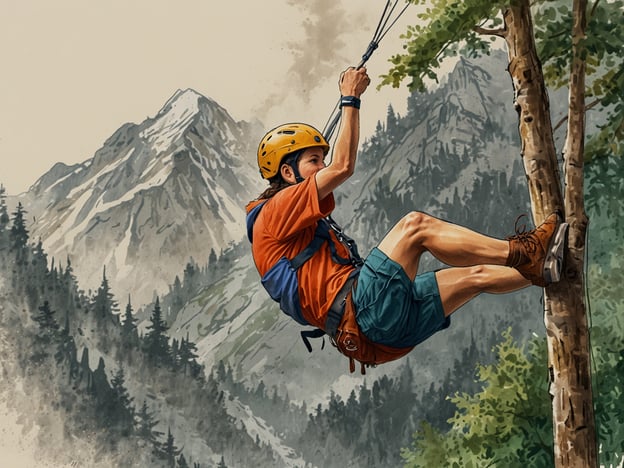 Auf dem Bild sieht man eine Person, die sich an einem Seil von einem Baum abseilt. Die Szene spielt in einer beeindruckenden Berglandschaft, umgeben von hohen Bergen und dichtem Wald. Dies erinnert an aufregende Abenteueraktivitäten wie:1. **Klettern** - eine großartige Möglichkeit, die Berge zu erkunden.2. **Abseilen** - für den Nervenkitzel und die Aussicht auf die Natur.3. **Baumklettern** - eine spannende Herausforderung, um die Perspektive aus der Höhe zu genießen.4. **Hiking** - durch die malerische Landschaft wandern und die Natur hautnah erleben.Diese Aktivitäten stehen für Abenteuerlust und die Erkundung der Natur.
