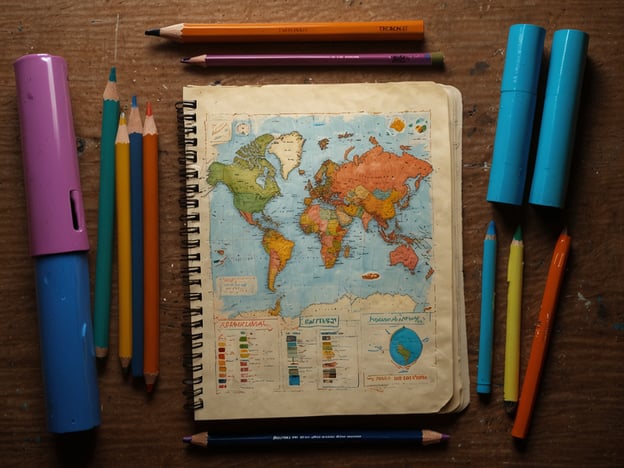Auf dem Bild ist eine Weltkarte zu sehen, die in einem Notizbuch eingeheftet ist. Um das Notizbuch herum liegen verschiedene Buntstifte und Marker in verschiedenen Farben. Hier sind einige praktische Tipps für die Reisevorbereitung:1. **Reiseziele festlegen**: Nutzen Sie die Karte, um Ihre Reiseziele zu markieren und eine Route zu planen.2. **Notizen machen**: Halten Sie wichtige Informationen, wie Sehenswürdigkeiten, Unterkünfte oder lokale Spezialitäten, in Ihrem Notizbuch fest.3. **Farbcodierung**: Verwenden Sie verschiedene Farben für unterschiedliche Reiseziele oder Aktivitäten, um eine klare Übersicht zu behalten.4. **Checkliste erstellen**: Erstellen Sie eine Packliste und wichtige To-Dos für Ihre Reise, um nichts zu vergessen.5. **Kulturelle Recherchen**: Notieren Sie sich lokale Bräuche und Essgewohnheiten, um sich besser auf die Kultur einzustellen.Diese Tipps können Ihnen helfen, Ihre Reise effizient und angenehm zu gestalten.