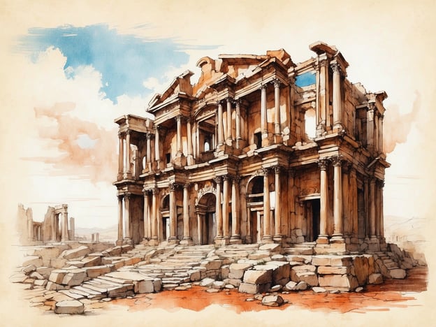 Auf dem Bild ist eine detailreiche Darstellung einer alten Ruine zu sehen. Die architektonischen Besonderheiten dieser Ruine umfassen beeindruckende Säulen, die den klassischen Stil der antiken Architektur widerspiegeln. Sie sind wahrscheinlich im korinthischen oder ionischen Stil gehalten, was auf eine hohe künstlerische Handwerkskunst hinweist.Die Fassade zeigt mehrere Fenster und Türen, die in symmetrischer Anordnung gestaltet sind. Die Steintreppen, die zur Ruine führen, und die noch intakten Teile der Struktur deuten darauf hin, dass dieses Bauwerk einst von großer Bedeutung war. Die Verwendung von unterschiedlichen Steinarten und die detaillierte Arbeit an den Kapitellen der Säulen lassen auf die Bedeutung dieser Ruine hin.Einige Teile der Struktur scheinen beschädigt oder eingestürzt zu sein, was auf den Zahn der Zeit hinweist und der Szene eine nostalgische Note verleiht. Die gesamte Komposition strahlt eine ergreifende Schönheit und den Geist einer vergangenen Zivilisation aus.
