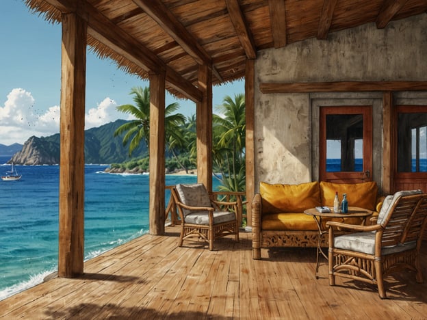 Auf dem Bild ist eine Terrasse oder Veranda zu sehen, die einen wunderschönen Blick auf das Meer und die umliegenden Berge bietet. Man sieht bequeme Möbel, darunter ein gelbes Sofa und ein Tisch mit Getränken, die eine entspannte Atmosphäre schaffen.Wenn du auf Isla Grande anreist, kannst du verschiedene Unterkünfte finden, die oft in unmittelbarer Nähe zum Strand liegen, ideal für einen entspannenden Aufenthalt. Die Anreise erfolgt normalerweise über Bootstransfers von der Festlandküste, was das Erlebnis noch einzigartiger macht. Viele Unterkünfte bieten lokale Aktivitäten an, um die Schönheit der Insel zu genießen.