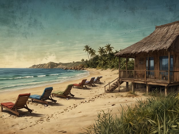 Auf dem Bild ist ein malerischer Strand zu sehen, der mit bunten Liegestühlen ausgestattet ist. Im Hintergrund befindet sich ein charmantes Holzhaus, umgeben von Palmen und sanften Hügeln.Für einen entspannten Inselaufenthalt hier einige Tipps:1. **Sonnencreme**: Vergiss nicht, ausreichend Sonnencreme aufzutragen, um deine Haut vor UV-Strahlen zu schützen.2. **Hydration**: Halte dich hydratisiert, indem du genügend Wasser trinkst, besonders bei der Hitze.3. **Lesen**: Packe ein gutes Buch ein, um die entspannte Atmosphäre am Strand optimal zu nutzen.4. **Strandspiele**: Spiele wie Frisbee oder Beachvolleyball sind ideal, um aktiv zu bleiben und Spaß zu haben.5. **Lokale Küche**: Probier die einheimischen Spezialitäten in kleinen Restaurants oder Straßenständen aus.6. **Sonnenuntergänge**: Nimm dir die Zeit, die wunderschönen Sonnenuntergänge am Strand zu genießen – sie sind oft spektakulär.Genieße deinen Aufenthalt!