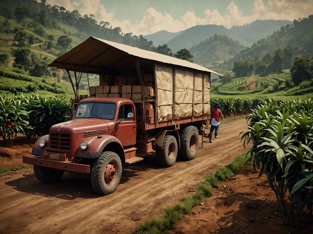 Auf dem Bild ist ein alter Truck zu sehen, der auf einem ländlichen Weg steht, umgeben von grünen Pflanzen und Hügeln im Hintergrund. Die Szene vermittelt eine ländliche Atmosphäre, ideal zum Erleben der faszinierenden Kaffeeproduktion vor Ort. Der Truck scheint mit Kisten beladen zu sein, was auf die Ernte und den Transport von Kaffee hindeutet.