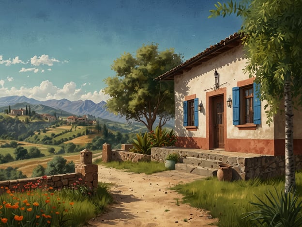 Auf dem Bild ist eine malerische Finca in einer ländlichen Umgebung zu sehen. Die Finca hat eine einladende Fassade mit blauen Fensterläden und liegt harmonisch in die sanften Hügellandschaften eingebettet. Umgeben von bunten Blumen und grünen Pflanzen, bietet der Weg zur Finca einen idyllischen Anblick.Ein unvergessliches Erlebnis: Touren auf der Finca könnten hier zahlreiche Möglichkeiten bieten, die Natur zu erkunden, lokale Produkte zu probieren und die Ruhe der Landschaft zu genießen.