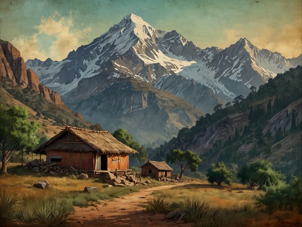 Das Bild zeigt eine malerische Landschaft mit hohen Berägen, die vom Schnee bedeckt sind. In der Vordergrund sind zwei einfache, ländliche Hütten zu sehen, umgeben von grünen Bäumen und einer weiten Wiese. Diese Szenerie könnte eine Verbindung zu dem Mythos von La India Dormida haben.Der Mythos erzählt die Geschichte einer schlafenden Indigene, deren Körperform sich in den Bergen widerspiegelt. Man sieht in den Höhenlinien der Berge die Konturen einer Frau, die auf dem Rücken liegt, was den Glauben an den tiefen Spirit und das Erbe der indigenen Völker symbolisiert. Diese landschaftliche Darstellung spiegelt die Verbundenheit mit der Natur und den Respekt vor den alten Geschichten wider, die in der Kultur verankert sind.