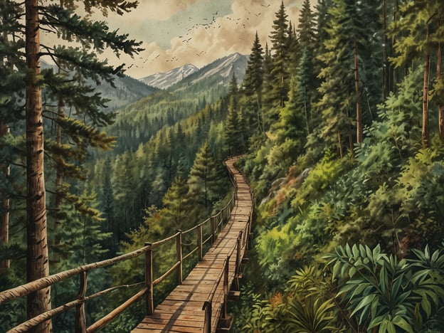 Auf dem Bild ist ein malerischer Holzsteig zu sehen, der durch eine üppige, grüne Waldlandschaft führt. Die umgebenden Berge im Hintergrund lassen auf eine beeindruckende Naturkarte schließen.Für Abenteurer und Naturliebhaber könnten folgende Aktivitäten in dieser Umgebung spannend sein:1. **Wandern**: Der Holzsteig lädt dazu ein, die Natur zu erkunden und die frische Luft zu genießen.2. **Vogelbeobachtung**: Mit etwas Geduld können verschiedene Vogelarten beobachtet werden, die in den Bäumen nisten oder über die Landschaft fliegen.3. **Fotografie**: Die beeindruckende Aussicht auf die Berge und die üppige Vegetation bieten tolle Fotomotive.4. **Naturerkundung**: Das Studium der Pflanzen- und Tierwelt entlang des Weges könnte sehr lehrreich sein.5. **Picknicken**: An malerischen Stellen kann man eine Pause einlegen und ein Picknick im Freien genießen.6. **Geocaching**: Eine spannende Schatzsuche mit GPS-Geräten in der Natur.Diese Aktivitäten könnten das Abenteuer in dieser wunderschönen Umgebung bereichern!