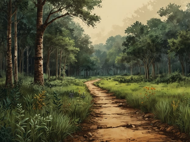 Auf dem Bild ist eine malerische Waldlandschaft mit einem gewundenen Weg zu sehen, der durch eine grüne Wiese führt. Die Bäume sind in verschiedenen Grüntönen dargestellt, und die Szenerie vermittelt eine friedliche und naturverbundene Atmosphäre.Das Schutzgebiet und seine Bedeutung zeigt sich in dieser Darstellung der Natur. Solche Gebiete sind wichtig für den Erhalt von Ökosystemen, die Biodiversität und den Lebensraum vieler Pflanzen- und Tierarten. Sie bieten Rückzugsmöglichkeiten für die Natur, fördern den Umweltschutz und ermöglichen gleichzeitig den Menschen, die Schönheit der Natur zu genießen und sich mit ihr zu verbinden.