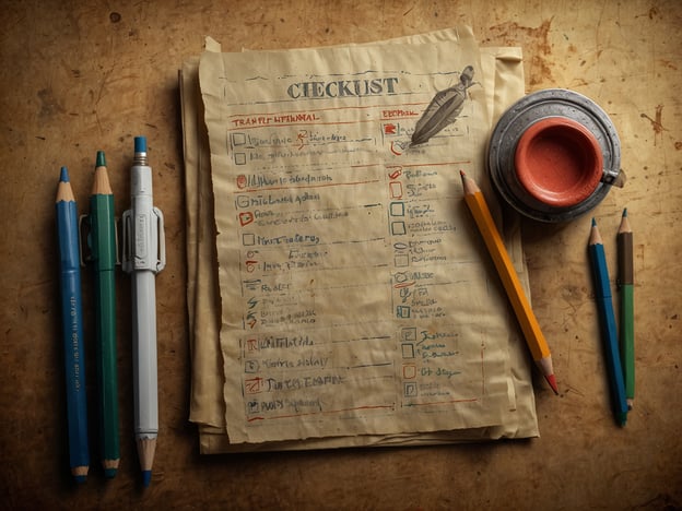 Auf dem Bild ist eine Checkliste zu sehen, die auf einem alten Blatt Papier geschrieben ist. Daneben liegen verschiedene Stifte, darunter Bleistifte und ein Kugelschreiber, sowie eine kleine Schale.### Praktische Tipps für deinen Besuch:1. **Ausrüstung**: Nimm einen Notizblock oder eine digitale Notiz-App mit, um wichtige Punkte festzuhalten.2. **Vorbereitung**: Erstelle deine eigene Checkliste, um sicherzustellen, dass du alles Wichtige während deines Besuchs nicht vergisst.3. **Materialien**: Bringe ausreichend Schreibmaterialien mit, falls du während des Besuchs Notizen machen möchtest.4. **Planung**: Plane deinen Besuch im Voraus, um die wichtigsten Aktivitäten zu priorisieren.5. **Tipps einholen**: Frage Einheimische oder Guides nach Empfehlungen, die nicht auf deiner Liste stehen.