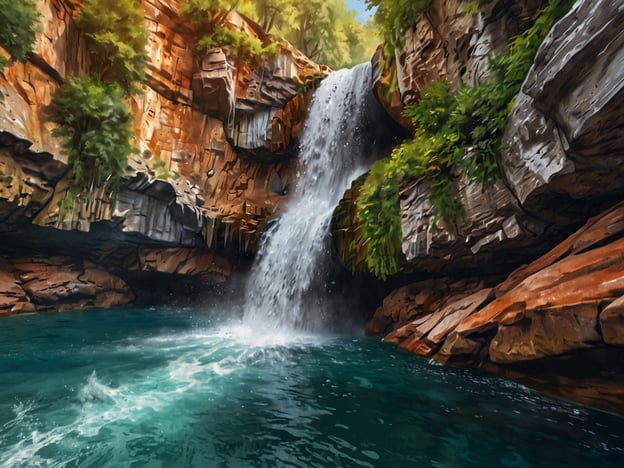 Auf dem Bild ist ein malerischer Wasserfall zu sehen, der in einen klaren, blauen Pool aus Wasser stürzt. Um den Wasserfall herum sind hohe, felsige Wände, die mit üppigem Grün bewachsen sind. Diese Umgebung lädt zu verschiedenen Aktivitäten ein:1. **Schwimmen**: Der Pool bietet eine herrliche Möglichkeit, sich im erfrischenden Wasser abzukühlen.2. **Wandern**: Die Felsen bieten interessante Wege, um die Natur zu erkunden.3. **Fotografie**: Die einzigartige Landschaft ist perfekt für beeindruckende Fotografien.4. **Picknicken**: Man könnte eine Pause machen und die Aussicht genießen.Die gesamte Szenerie strahlt Ruhe und Naturschönheit aus, ideal für Outdoor-Aktivitäten.
