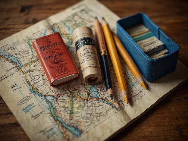 Auf dem Bild sind mehrere Gegenstände zu sehen, die auf einem alten Kartenblatt liegen. Es gibt ein paar Bücher, darunter ein rotes und ein zylindrisches, sowie einige Bleistifte und eine kleine blaue Box, die offenbar weitere Materialien enthält.**Tipps für deinen Besuch:**1. **Planen Sie Zeit ein:** Wenn Sie sich für solche historischen Objekte interessieren, nehmen Sie sich genug Zeit, um alles in Ruhe zu betrachten.2. **Hinweise lesen:** Achten Sie auf Beschilderungen, die Ihnen mehr über die Exponate erzählen können.3. **Fotografieren erlaubt?** Überprüfen Sie, ob das Fotografieren erlaubt ist, um schöne Erinnerungen festzuhalten.4. **Notizen machen:** Wenn Ihnen etwas besonders gefällt, machen Sie sich Notizen dafür, sei es ein Buch oder ein Konzept, das Sie neugierig macht.5. **Fragen stellen:** Scheuen Sie sich nicht, das Personal nach weiteren Informationen zu fragen – sie helfen Ihnen gerne weiter.