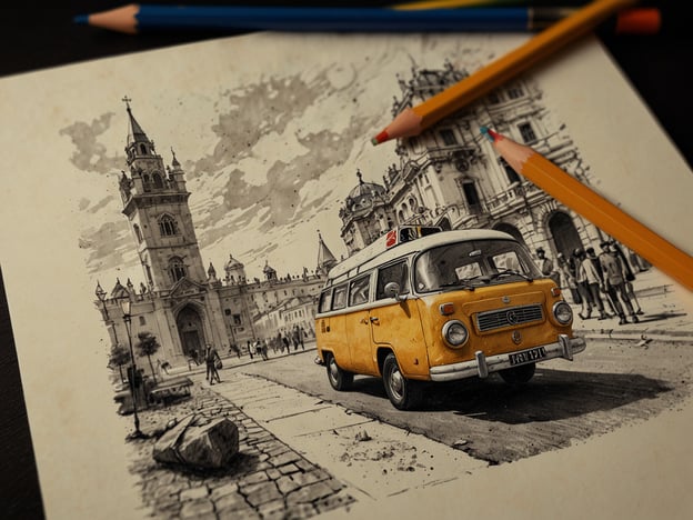 Auf dem Bild ist eine beeindruckende Zeichnung zu sehen, die einen gelben VW-Bus in einer städtischen Umgebung zeigt. Im Hintergrund erkennt man eine prächtige Architektur, die möglicherweise zu einem historischen Gebäude oder einer Kirche gehört. Die Szene vermittelt ein Gefühl von Nostalgie und Lebensfreude.Ich erinnere mich an meinen letzten Roadtrip mit Freunden, als wir in einem ähnlichen VW-Bus durch die malerischen Straßen einer alten Stadt fuhren. Es war ein heißer Sommertag, und wir hielten an verschiedenen Sehenswürdigkeiten, um Fotos zu machen und die Atmosphäre aufzusaugen. Das Brummen des Motors und die frische Luft, die durch das offene Fenster strömte, waren einfach unvergesslich.Die Straßen waren gesäumt von alten Gebäuden, die Geschichten aus vergangenen Zeiten erzählen. Genau dort, an einem Platz wie auf dem Bild, hatten wir ein kleines Picknick mit frischem Brot und Käse, umgeben von Lachen und den Klängen der Stadt. Zugleich spürte ich den Zauber dieser besonderen Momente, genau wie er in dieser Zeichnung festgehalten ist.