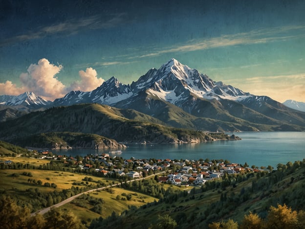 Auf dem Bild ist eine malerische Landschaft mit majestätischen Bergen zu sehen, die teilweise schneebedeckt sind. Im Vordergrund erkennt man ein ruhiges Gewässer, umgeben von sanften Hügeln und einer kleinen Ansiedlung mit charmanten Häusern. Die idylische Szenerie wird von einem klaren Himmel und sanften Wolken ergänzt.Entlang des Weges gibt es beeindruckende Aussichtspunkte, die atemberaubende Ausblicke auf die Landschaft bieten. Der Blick auf die Berge und das Wasser vermittelt ein Gefühl von Frieden und Naturverbundenheit, während die sanften Hügel zum Erkunden einladen. Ideal für Wanderungen oder einfach zum Entspannen in der Natur!
