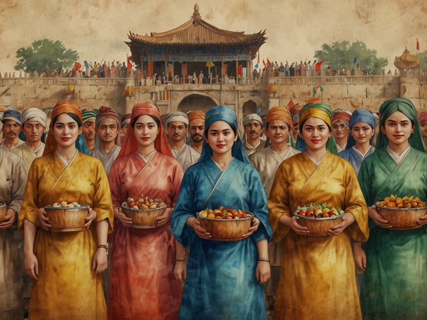Auf dem Bild sind mehrere Frauen und Männer in traditioneller Kleidung zu sehen. Die Frauen tragen farbige Gewänder und halten Körbe mit Früchten, während die Männer im Hintergrund ebenfalls traditionell gekleidet sind und eine Feierlichkeit oder Veranstaltung beobachten.Diese Darstellung erinnert an die Kultur und Traditionen vieler asiatischer Länder, wo farbenfrohe Kleidung oft zu besonderen Anlässen getragen wird. Die Verwendung von Fruchtkörben könnte ein Symbol für Fruchtbarkeit, Ernte oder Feste sein, die in vielen Kulturen eine tiefere Bedeutung haben, oft verbunden mit Dankbarkeit für die Ernte oder das Feiern gemeinschaftlicher Werte. Solche Szenen sind typisch für kulturelle Feste, bei denen Reichtum und Wohlstand gefeiert werden.