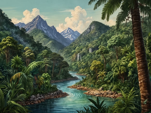 Auf dem Bild ist eine malerische Landschaft zu sehen, die von üppiger Vegetation und majestätischen Bergen geprägt ist. Die Landschaft ähnelt der einzigartigen Geografie des La Amistad Internationalparks, der sich an der Grenze zwischen Costa Rica und Panama erstreckt.In diesem Park finden sich hohe Berge, dichte Regenwälder und klare Flüsse, die zusammen eine reiche Biodiversität unterstützen. Die umgebenden Berge könnten die vulkanischen Ausläufer der Region darstellen, während die üppige Flora die vielfältigen Pflanzenarten widerspiegelt, die im Park vorkommen. Solche Landschaften sind charakteristisch für La Amistad und fördern zahlreiche Outdoor-Aktivitäten und ökologischen Tourismus.