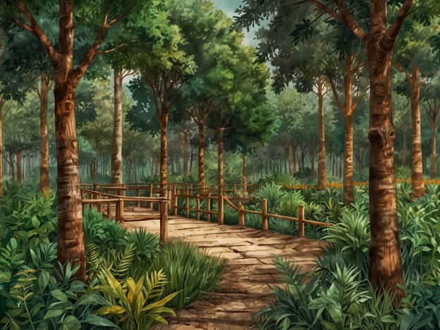 Auf dem Bild ist eine malerische Waldlandschaft zu sehen, die von vielen grünen Bäumen und üppiger Vegetation geprägt ist. Ein schmaler Weg aus Steinen schlängelt sich durch die Szenerie, begleitet von einem hölzernen Geländer.Diese Umgebung ist ein Beispiel für Naturschutz, da sie einen Lebensraum für zahlreiche Pflanzen und Tiere bietet. Um eine nachhaltige Entwicklung im Park zu fördern, könnten Maßnahmen getroffen werden, die den Erhalt der Biodiversität unterstützen, etwa durch die Schaffung von Schutzzonen oder nachhaltige Bewirtschaftung des Waldes. Besuchern könnte zudem die Bedeutung dieser Natur beigebracht werden, um ein Bewusstsein für den Umweltschutz zu schaffen.