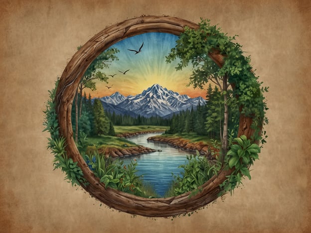 Auf dem Bild ist eine malerische Landschaft zu sehen, die von einem runden Holzrahmen umgeben ist. Die Szene zeigt schneebedeckte Berge, einen glitzernden Fluss und üppige Vegetation, darunter Bäume und Sträucher. Der Himmel wechselt von einem sanften Blau zu warmen Gelbtönen, was auf einen Sonnenaufgang oder Sonnenuntergang hindeutet.### Herausforderungen:- **Schutz der Natur:** Die Erhaltung solcher natürlichen Schönheiten steht häufig unter Druck durch Urbanisierung und Umweltverschmutzung.- **Nachhaltiger Tourismus:** Ein Anstieg an Besuchern kann zur Überlastung der Infrastruktur und zur Zerschädigung der individuellen Pflanzen- und Tierarten führen.### Chancen:- **Ökotourismus:** Die Landschaft bietet Möglichkeiten für nachhaltigen Tourismus, der sich positiv auf die lokale Wirtschaft auswirken kann.- **Bildung und Bewusstsein:** Solche Szenen können genutzt werden, um Menschen über Naturschutz und die Bedeutung der Erhaltung von Ökosystemen aufzuklären.