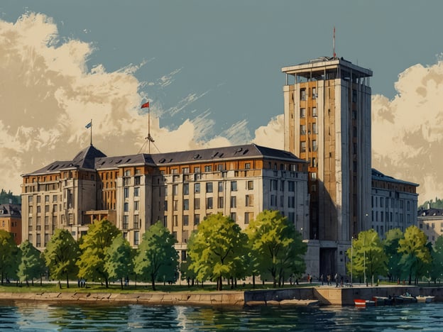 Auf dem Bild ist ein beeindruckendes architektonisches Gebäude in Oslo abgebildet. Es zeigt eine Mischung aus modernen und klassischen Elementen, die typisch für viele Bauwerke in der Stadt sind. Die markante Fassade und der hohe Turm wirken sowohl majestätisch als auch funktional und spiegeln den Stil der 20. Jahrhunderts wider.Umgeben von einer malerischen Landschaft mit Bäumen und Wasser vermittelt das Bauwerk ein Gefühl von Harmonie zwischen Architektur und Natur. Oslo ist bekannt für seine faszinierende Architektur, die sowohl historische als auch zeitgenössische Stile umfasst. Diese Bauwerke sind nicht nur funktional, sondern auch Ausdruck der kulturellen Identität der Stadt.